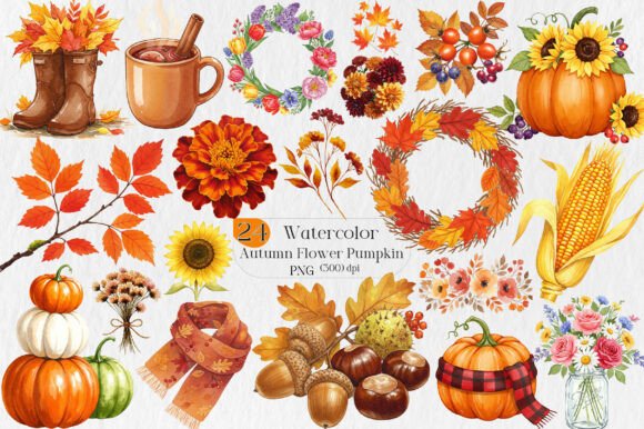Download Watercolor Autumn Flower Pumpkin Designs - Watercolor Collection