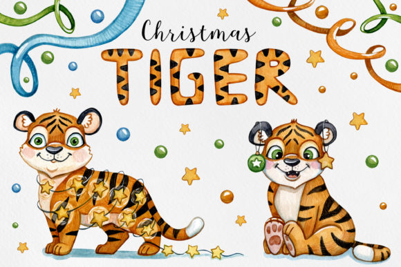 Download Watercolor Set Tiger Xmas Illustrations - Watercolor Collection