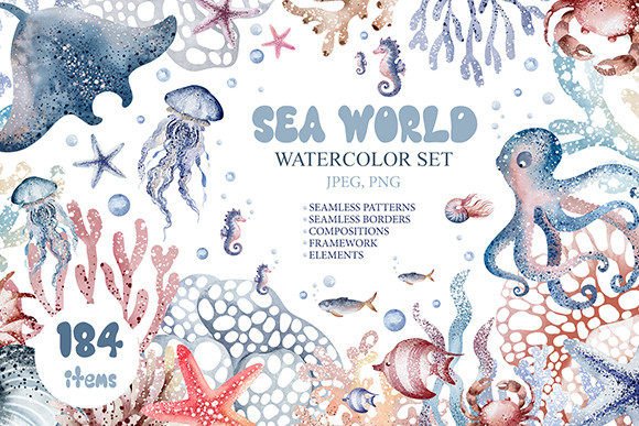 Download SEA WORLD. Watercolor Set. 300 Dpi - Watercolor Collection