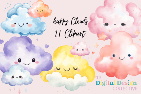 Download Watercolor Happy Clouds Clipart Bundle - Watercolor Collection