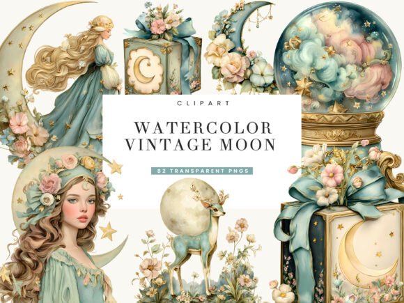 Download Watercolor Vintage Moon Clipart Bundle - Watercolor Collection