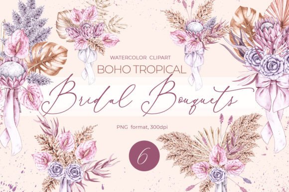 Download Watercolor Boho Bridal Bouquets Clipart, - Watercolor Collection