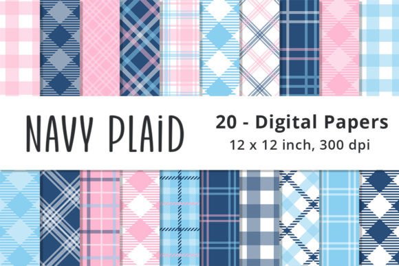 Download Navy, Pink and Blue Plaid Digital Papers - Blue Collection